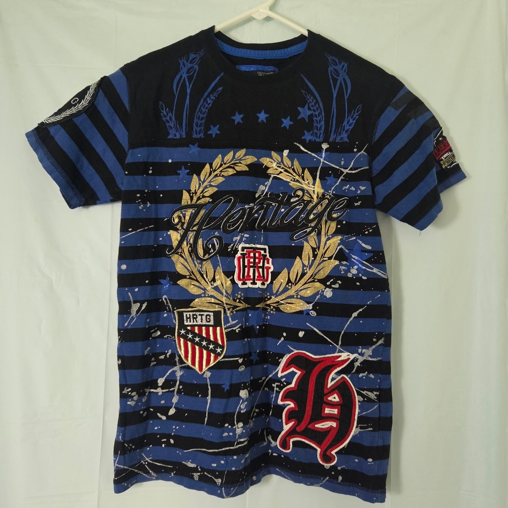 Heritage of America Mens Blue Black Striped Graphic Patch T-Shirt Medium Cotton